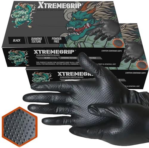 Xtremeauto Nitrile Gloves - Disposable Gloves, Diamond Grip Black Gloves - Powder-free & Latex Free Nitrile Gloves, Extra Thick & Strong Rubber Gloves Mechanics Gloves (2 Boxes, Extra Large), XANGB1