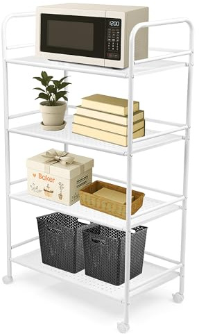 Crystals 3 or 4 Tier Kitchen Trolley On Wheels, Food Trolley Organizer Storage, Wheeled Storage Trolley for Kitchen, Bathroom, Office, Bedroom or Laundry – White (4 Tier)