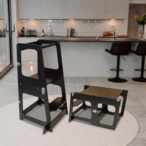 The Learning Tower Company, Convertible 2-in-1 Kids Kitchen Stool & Table/Chair, 1-6 Years Wooden Standing Tower with Safety Feet, Montessori Kitchen Step Stool, (Black)