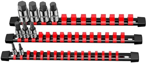 VORXEON 3PCS Stecknuss-Organizer Rot, robuste Schienen für Werkzeugbox und Wand, kompatibel mit steckschlüssel set 1/4 3/8 1/2, platzsparende Aufbewahrungslösung für Werkstatt