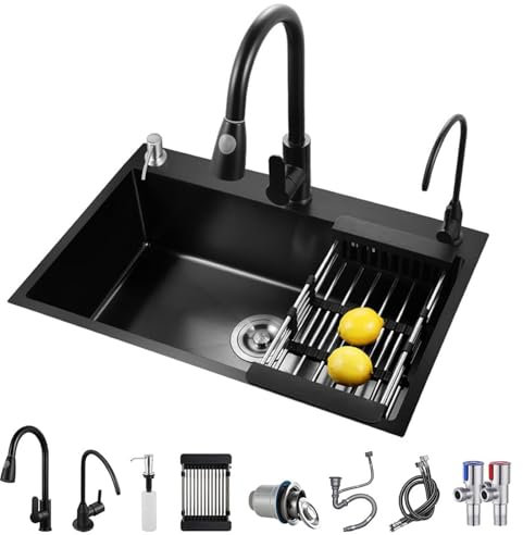 Lavello Da Cucina Nero, Lavello Da Bar Sottopiano In Acciaio Inox, Lavello Da Cucina A Vasca Singola Con Set Di Scarico Per Lavello Da Cucina Moderno (Color : Black, S : 60x45x20cm)