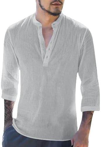 Runcati Camicia da uomo in lino, maniche a 3/4, vestibilità normale, per il tempo libero, casual, estiva, spiaggia, lino, grigio., XL