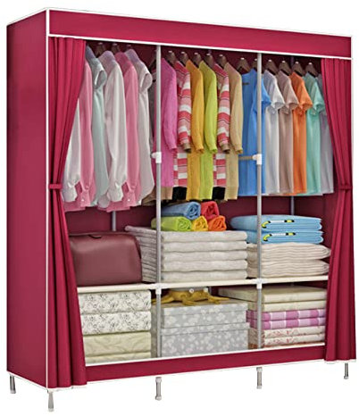 LAMEDOAT Tragbarer Canvas-Kleiderschrank, Stoffschränke mit Kleiderstange, Stoffbezug, Kleiderschrank-Aufbewahrungsorganizer für Kleidung, Schuhe,Red-129x45x167cm