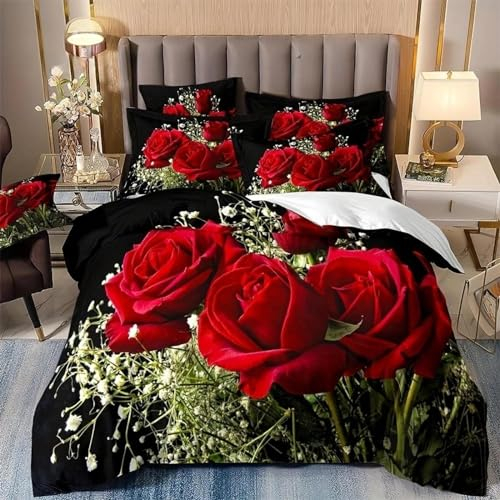 Rote Rose Blume Romantische Mädchen Kinder Steppdecke Full King Size 3-teiliges Bettbezug-Set mit Reißverschluss und Eckbändern 140x200cm+70x90cmx2