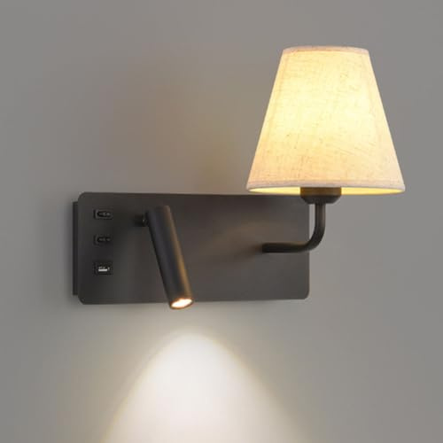LOGT E27 Wandlampe Innen mit Schalter Drehbare 360° Wandleuchte USB Ladeanschluss Leselampe Schwarz Metalle Wandstrahler mit LED 5W Spotlight 3000K,Beige Stoffschirm Schlafzimmer Nachttischlampe