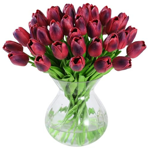 JUSTOYOU 40PCS Artificial Flower Tulips,Fake Real Touch Latex Tulip,Faux Flower Tulip Wedding Bouquets for Wedding Home Garden Decoration(Red,Burgundy)