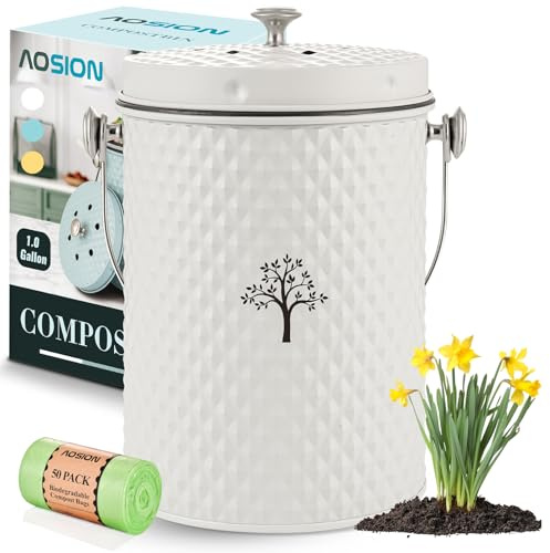 AOSION Countertop Compost Bin Kitchen,Odorless Indoor Compost Bin with Lid and Compost Bags,Compost Bucket Composter Container for Food Waste,Creamy White