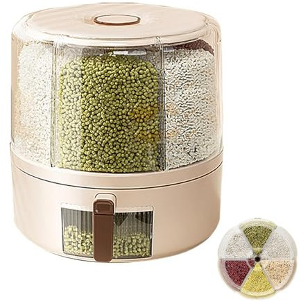 Kitchen Grain Dispenser with Multi Grids, 360-Degree Rotating Food Storage Container, Airtight Grain Storage Dispenser, Multi-Grid Dry Food Container for Rice,