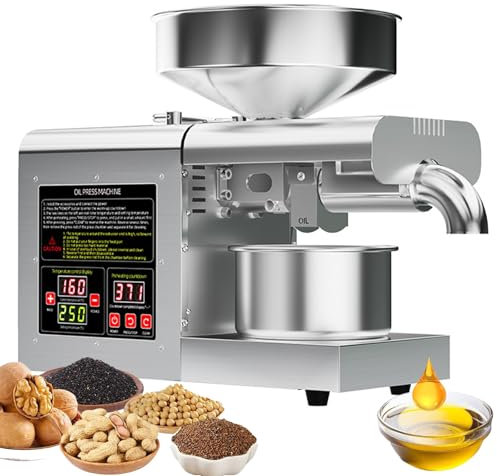 Commercial Kitchen Oil Press Machine,1100W Electric Automatic Seeds Olive Oil Press Extractor with 6L Hopper/40-260℃ Temperature Control, Cold & Hot Pressing/Pressing Speed: 5-8kg/h