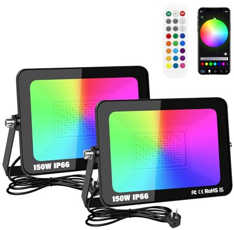 RIGIDON 2x 150W RGB faretto led esterno con APP telecomando 15000lm faretti | EU spina, IR, proiettori, dimmerabile, musicale e timer, strobo, DIY, IP66 impermeabile, fari led, per giardino palco partito