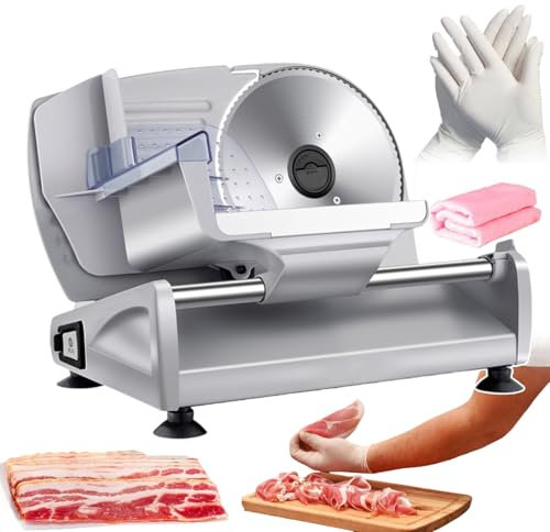 Cortadora de alimentos eléctrica para fiambres, cortadora de carne con cuchilla de acero inoxidable, picadora de carne comercial para carne, fiambres, queso, frutas, jamón, pan, salchichas (grosor a