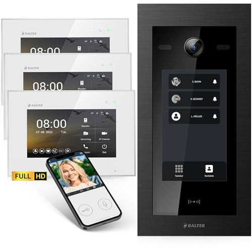 Balter EVO-HD Video Türsprechanlage mit Touchscreen Türstation, Video Türklingel, Smartphone App, 3 Familienhaus, 3X 7 Monitore, Türklingel mit Kamera Full HD, 2 Draht Bus, 175° Weitwinkel, RFID