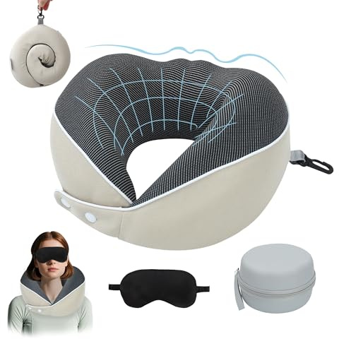 Chumix Almohada de Viaje para Cuello, Almohada Cervical para Oficina Avión Tren Coche Viajando, Plegable con MáScara 3D y Estuche, Cojin Cervical Viaje con Gancho para Facilitar el Viaje (Beige)