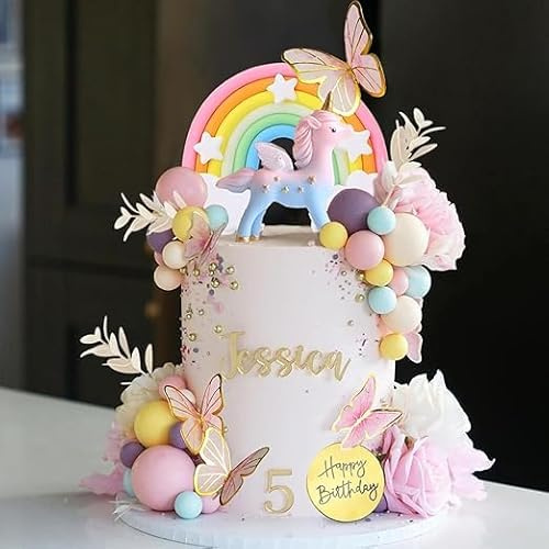 Selloria Unicorn Cake Topper, Unicorn Rainbow Cake Decorations with Colorful Ball Butterflies Artificial Dried Flower Happy Birthday Cake for Boys Girls Kids Birthday Party Baby Shower Supplies