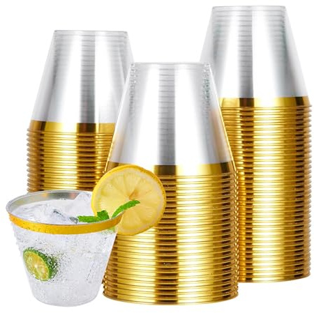 100 pcs Plastic Cups,9 OZ Reusable Drinking Cup with Gold Trim,270 ml Clear Crystal Plastic Tumblers, Elegant Party Glasses Tumblers Shot Cups for Home Decoration Party Wedding Birthday Camping