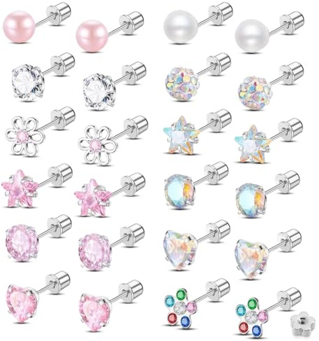 12 Pairs 316L Steel Hypoallergenic Stud Earrings for Girls Kids | CZ pearl ball set, Heart flower studs, Flat back screw back, Cartilage sleeper earrings, Toddler teen women children