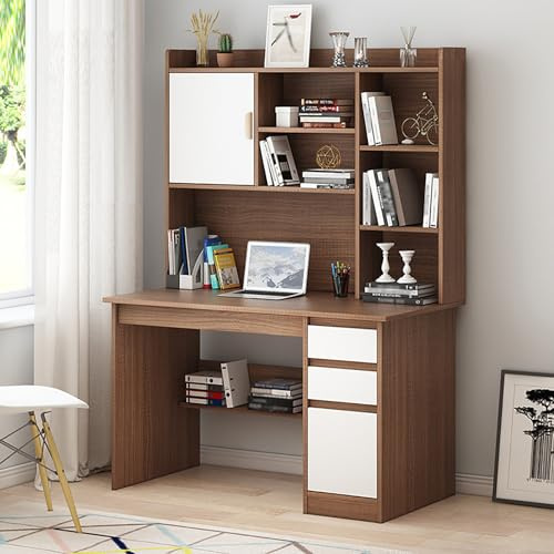 Modern de la oficina domiciliaria con estante de almacenamiento, mesa de trabajo de escritorio de escritura con cabaña y estantería, escritorio de computadora de madera con cajones y estantes