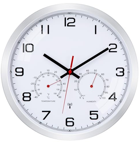Epochic Wanduhr Funk mit Temperaturanzeige Küchenuhr Batteriebetrieben 30cm | Funkuhr Wand mit Feuchtigkeitsanzeige, Funkwanduhr mit Metallrahmen, Ideal für Wohnzimmer Küche Schlafzimmer Badezimmer Büro