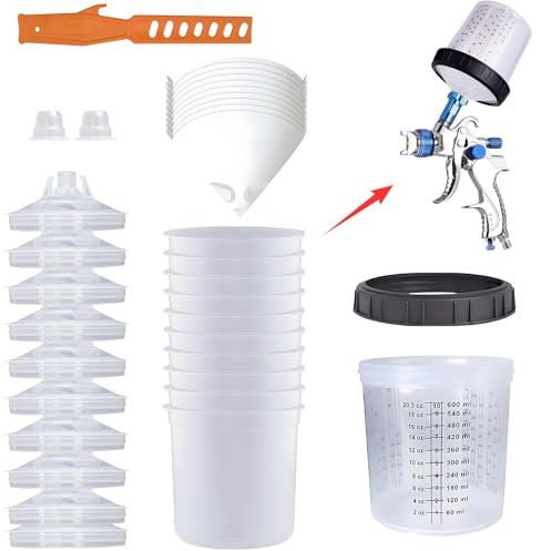Yunlaishaocer Gobelet de Mélange de Peinture Jetable pour Aérographes HVLP et LVLP, 10 Bechers de 600ml avec Couvercles, 1 Becher Rigide, 2 Bouchons et 10 Filtres en Papier