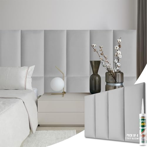 NOVECRAFTO Velvet Padded Wall Panels Set of 4 - Grey Upholstered Anti-Collision Panels with Adhesive - H23.6 x W11.8 (60x30cm) Cushioned Paneling for Beds, Kids Room, Hallways & Feature Walls