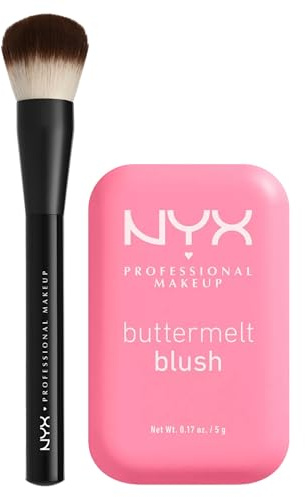 NYX Professional Makeup Buttermelt Blush in Polvere 02 Butta Together con Burro Mango Mandorle e Karité + Pennello Viso Pro Brush Buffing con Setole Arrotondate - Set da 2