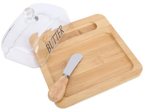 ASHATA Mantequera de Vidrio con Tapa, Tapa de Vidrio Transparente con Asa, Recipiente Sellado con Ranura Profunda, Incluye Cortador de Mantequilla de Acero Inoxidable, para Encimera (Color madera)
