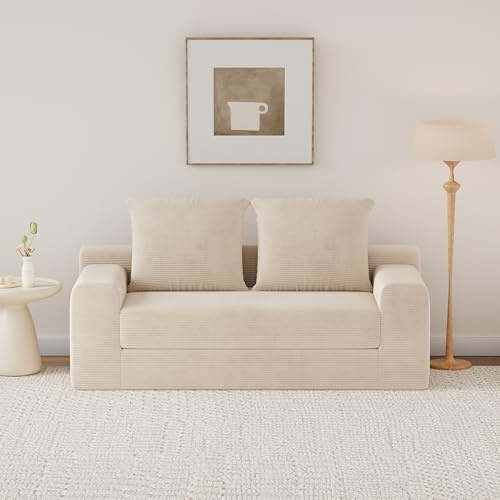 VDNEND Zwei-Sitzer-Schlafsofa, Umwandelbare Couch zu Bett, Montagefreies Kord-Sofa für Kleine Wohnungen, Arbeitszimmer, Kleines Wohnzimmer, Büro, Beige