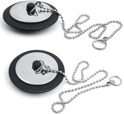 XYGK Universal Bath Plug, 2 Pcs Sink Plug Replacement with 40cm Stainless Steel Chain, Fits 42mm-45mm (1.65-1.77in) Drains, Black Rubber Drain Stopper for Kitchen & Bathroom