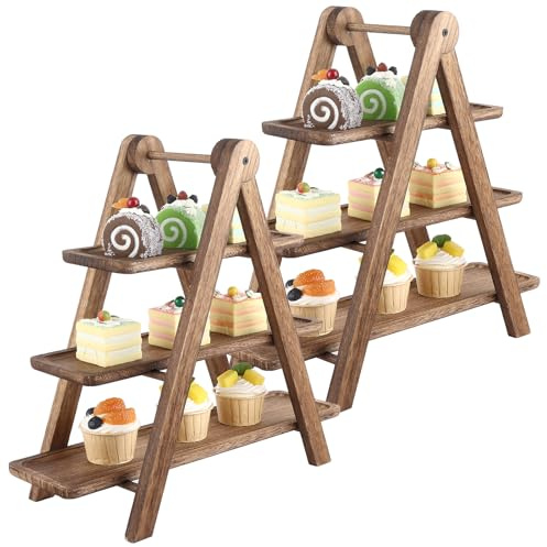 WOPPLXY 2PCS Wooden 3 Tier Serving Tray, Rustic Display Tiered Cupcake Stand, Decorative Paulownia Wood Serving Platter Tray for Afternoon Tea Stand, Wedding, Birthday, Party, Picnic