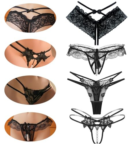 VicSec Pack de 4 tangas para mujer, cintura baja, ropa interior de encaje para mujer, conjunto de lencería sexy, tanga abierta, tanga erótica, tanga en V, bragas atractivas, tangas para mujer, color
