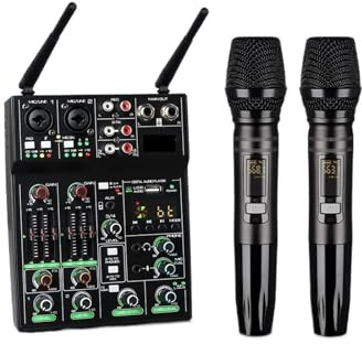 Mezclador de audio, Mezclador USB de 4 canales con micrófono inalámbrico UHF for consola DJ, grabación en PC y estudios iglesias, fiestas casa Para karaoke en estudio