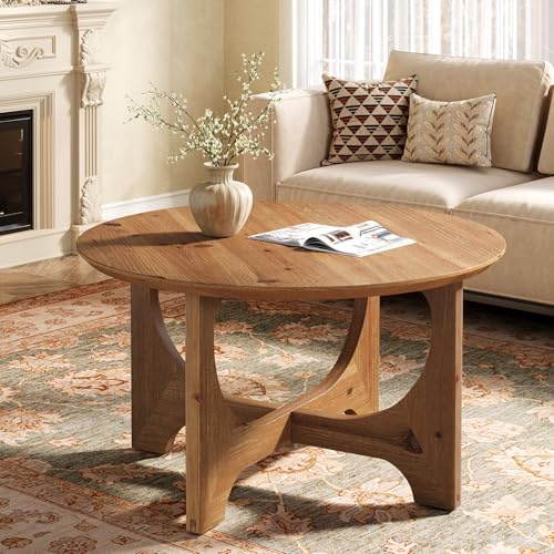TRIBEWOOD Runde Couchtisch aus Massivholz, 80 cm Moderne hölzerne Akzent Mitte Tisch Sofa Beistelltisch für Wohnzimmer, Home Office