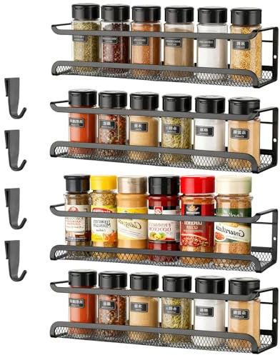 CRROEL Gewürzregal Wand aus Metall, Gewürzständer Hängend, 4er Set Gewürz Organizer mit 4 beweglichen Haken, Selbstklebend, ohne Bohren, für Küchen Wand & Schranktür, Schwarz