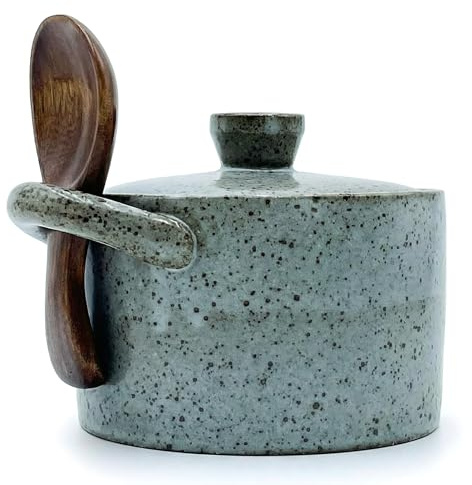 Ceramic Sugar & Salt Jars with Lids and Spoons | 8oz Countertop Seasoning Jars | Sugar Bowl & Salt Cellar Storage Jars | Sugar Bowl with Lid Set Includes Wooden Spoon | Kitchen Coffee Bar (GREY)