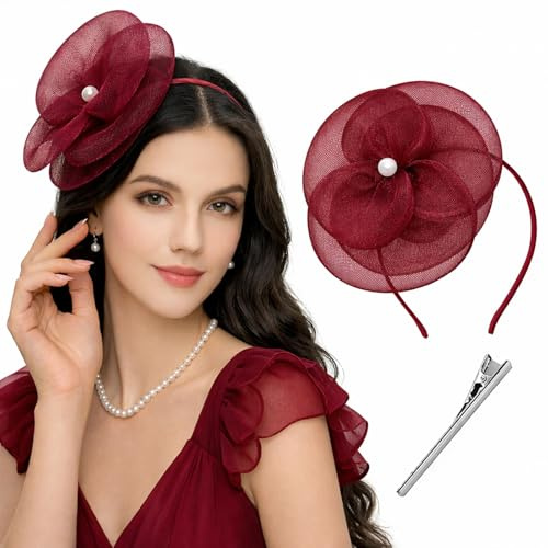 JILLICK Burgundy Mesh Flower Fascinator with Pearl Center for Weddings & Formal Events - Elegant Adjustable Headband Hat & Secure Hair Clip for Ladies Race Day, Tea Party, Cocktail & Sophisticated