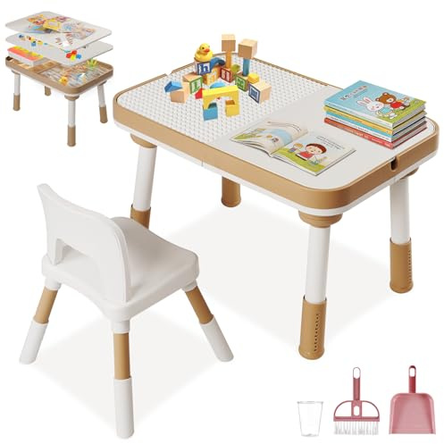 Yosamy Kindertisch mit Stühle, 6-in-1 Höhenverstellbarer Sandmaltisch | Kindersitzgruppe-Schreibtisch, Bausteintisch, Zeichentisch, Wasserspieltische, Aufbewahrungstabelle