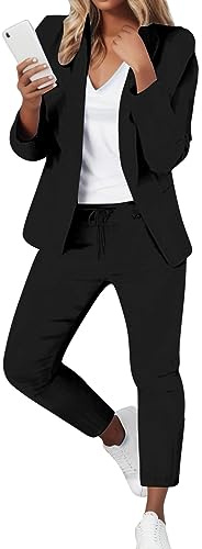 Caxndycing Traje de pantalón para mujer, festivo, elegante, de 2 piezas, color liso, juego de traje ajustado, traje de mujer festivo, boda, deportivo, ocio, moda, solapa, chaqueta larga, pantalones