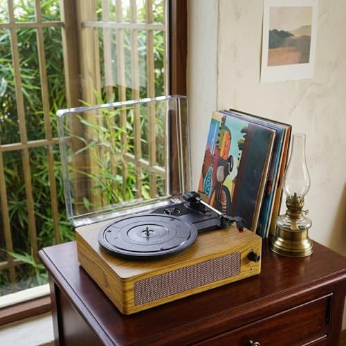 Retrosidy Record Player with Speakers, Vintage Vinyl Turntable with Built-in Bluetooth Wireless Connectivity, 3-Speed Belt-Driven Audio Player for Home Decor & Entertainment (Bamboo Color)
