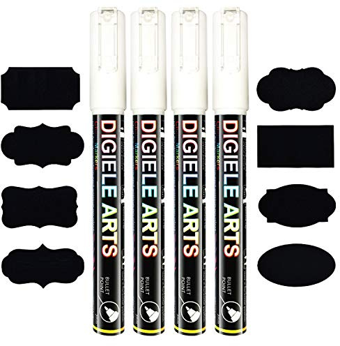 DIGIELE - Pennarelli a gesso bianco da 3 mm, cancellabili a secco o a umido, punta reversibile a scalpello o a proiettile per lavagne, lavagne, finestre, vetri e bistrot, 4 penne + 16 etichette per
