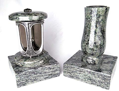 designgrab Runde Grablampe mit Rosette & Vase aus Granit im Set mit 2 Sockeln – handgefertigt, wetterfest & poliert – Olive Green – grünlich
