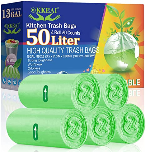 OKKEAI Large Garbage Bags 13 Gallon Tall Kitchen Green Trash Bags 49 Liter Bin Liners for Lawn Yard,Home,Office,60 Counts (Fits 10-15 Gallon Bins)