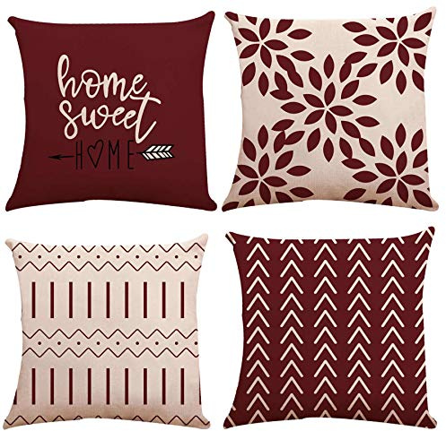 YCOLL Fundas de Cojín, Funda de Almohada del Sofá Throw Cojín Decoración Almohada Funda de Almohada de Lino de la Cubierta Decorativo para Sala de Estar Sofás 50 x 50cm Juego de 4 (borgoña)