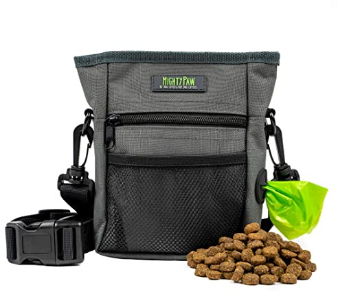 Mighty Paw Dog Treat Pouch 2.0 | Pet Training Hands-Free Snack Bag w/Strap. Holds 2 Cups Kibble, Phone & Keys. Magnetic Clasp & Waist Belt Clip. Includes 1 Roll of Poop Bags (Green/Grey)