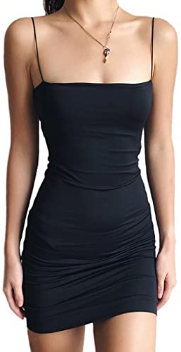 Skrsila Damklänning, spagettiband, miniklänning, sexig festklänning, bodycon aftonklänningar, mini, fritidsklänning, enfärgad, underklänning, figurnära cami klänningar, svart, M