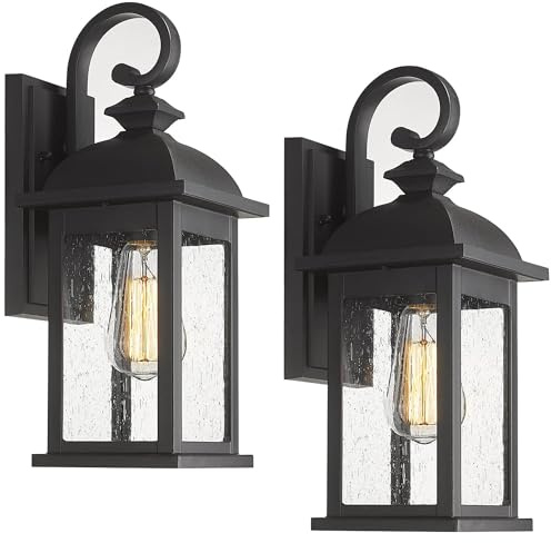 FEMILA Exterior Wall Sconce, 2 Packs Outdoor Waterproof Wall Lights Fixture, E26 Socket Wall Lantern for Porch, Anti-Rust Matte Black Finish with Seeded Glass Lampshade, 4FD54B-2PK BK