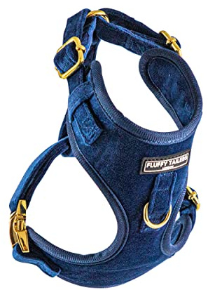 Fluffy Tailers Royal Blue Velvet Small Dog Harness | Fully Adjustable, No Pull Puppy Harness with Breathable Padded Chest Strap for Small & Teacup Dogs | Comfortable, Stylish and Safe (Small)