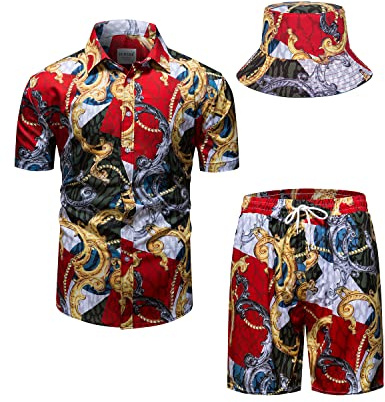 fohemr Herren barock 2-Teiliges Outfit Golden Chain Muster Rot Hemd shorts mit Eimerhut Freizeitanzug Sommer Urlaub Strand set XX-Large