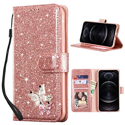 QLTYPRI Case for iPhone 14 Pro Max, Wallet Case Premium Glitter PU Leather TPU Bumper Card Holder [Wrist Strap] Inlaid Butterfly Diamond Flip Cover for iPhone 14 Pro Max - Rose Gold Butterfly