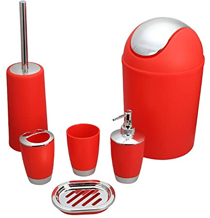 Worparsen Lot de 6 accessoires de salle de bain - Bouteille de lotion, brosse à dents, bain de bouche, gobelet, poubelle, porte-savon, brosse WC - Rouge