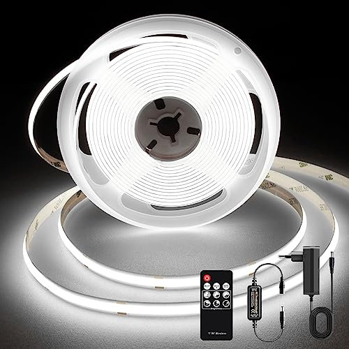 TTWAY Ruban LED COB 2M, Bandeau LED 6000K avec Alimentation et Télécommande, DC24V, 480LEDs/M, CRI 90+, Largeur 8mm, Ruban LED 2m Blanc Froid pour Décoration de Chambre